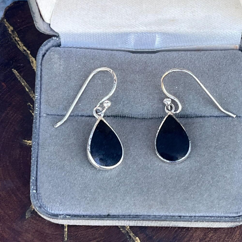 Vintage Earrings Sterling Silver Black Onyx Teardrop